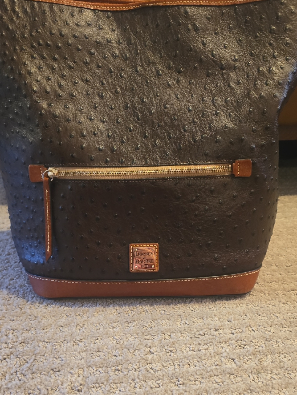 Dooney & Bourke Dark Brown Ostrich-Embossed Leather Backpack with Tan Trim